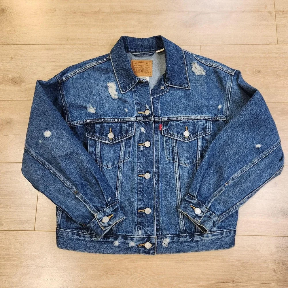 Levi's Premium Jacket Mens Small Blue Denim Trucker Button Front Distressed